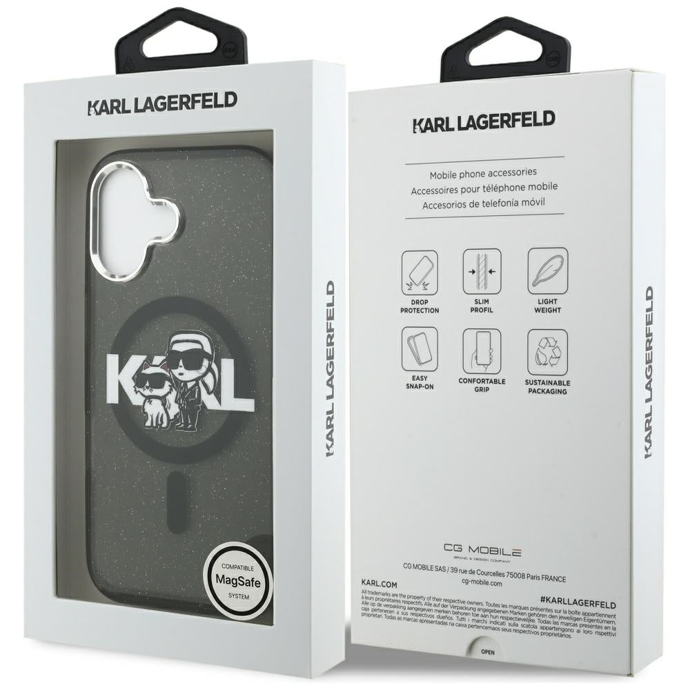 Etui MagSafe dla Apple iPhone 17, Karl Lagerfeld, IML Sketch Logo Glitter Karl & Choupette, Czarne