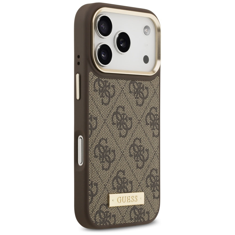 Etui MagSafe dla Apple iPhone 17 Pro, Guess, 4G Logo Plate, Brązowy