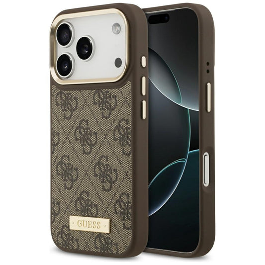 Etui MagSafe dla Apple iPhone 17 Pro, Guess, 4G Logo Plate, Brązowy