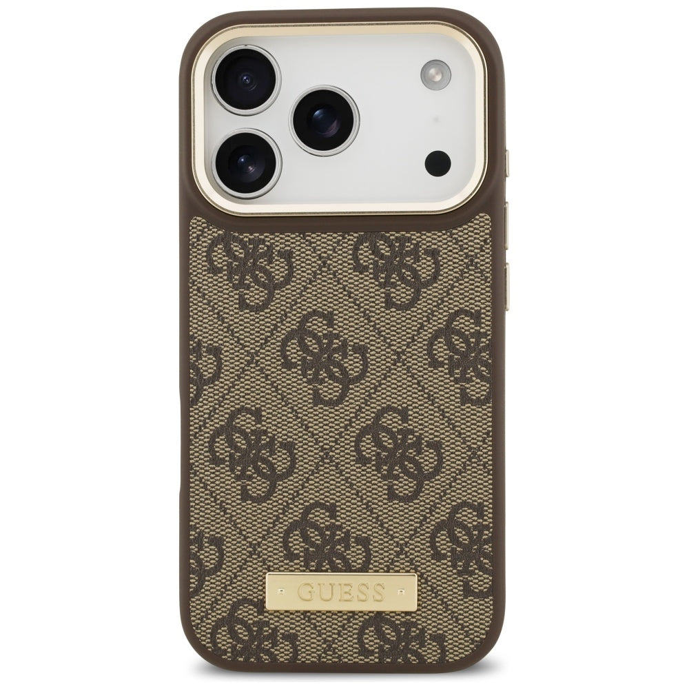 Etui MagSafe dla Apple iPhone 17 Pro, Guess, 4G Logo Plate, Brązowy