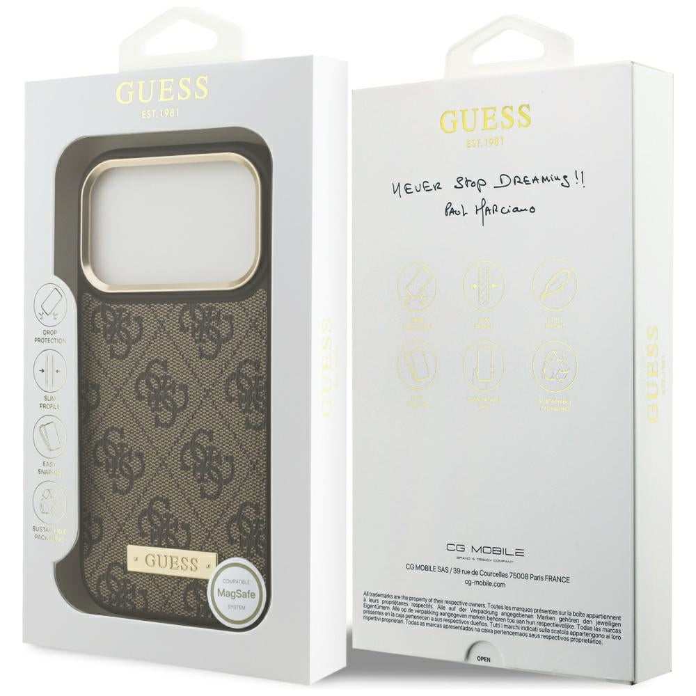 Etui MagSafe dla Apple iPhone 17 Pro, Guess, 4G Logo Plate, Brązowy