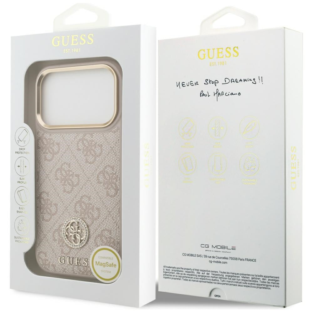 Etui MagSafe dla Apple iPhone 17 Pro, Guess, 4G Strass Logo, Różowy