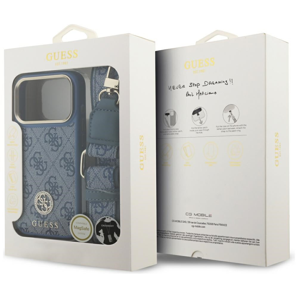 Etui MagSafe dla Apple iPhone 17 Pro, Guess, 4G Strass Logo with Big Strap, Niebieskie