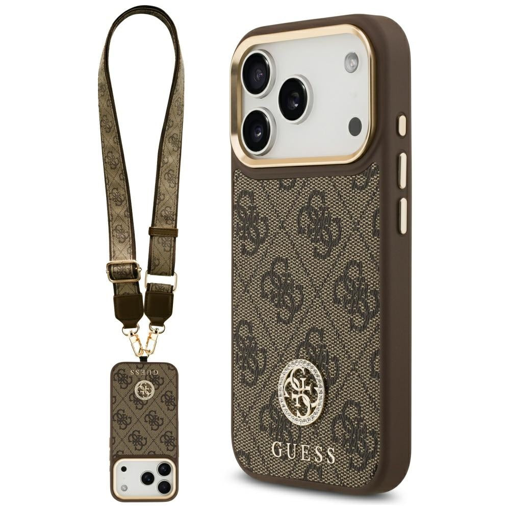 Etui MagSafe dla Apple iPhone 17 Pro, Guess, 4G Strass Logo with Big Strap, Brązowy