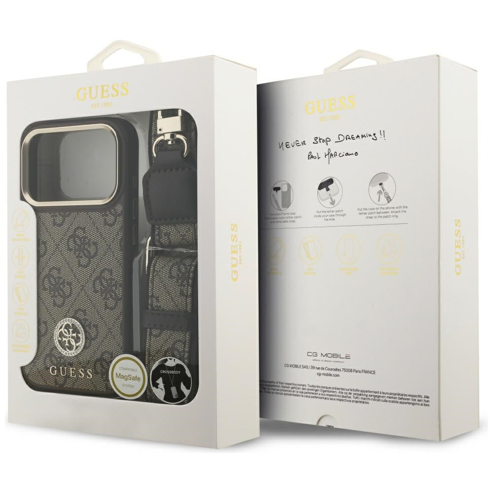 Etui MagSafe dla Apple iPhone 17 Pro, Guess, 4G Strass Logo with Big Strap, Brązowy