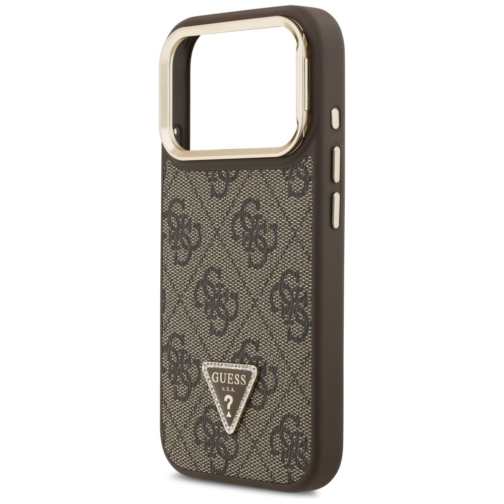 Etui MagSafe dla Apple iPhone 17 Pro, Guess, 4G Triangle Logo with Stand Camera, Złoty Brąz