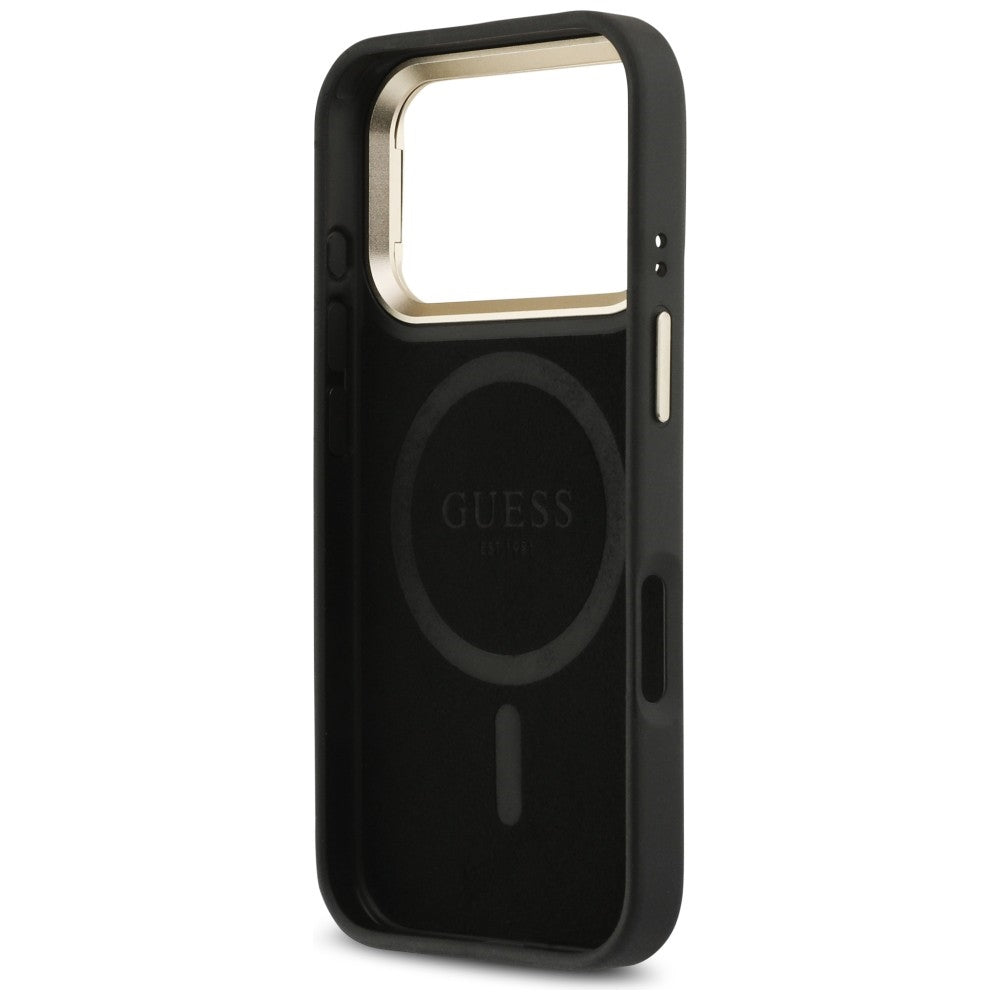 Etui MagSafe dla Apple iPhone 17 Pro, Guess, 4G Triangle Logo with Stand Camera, Czarne Złote