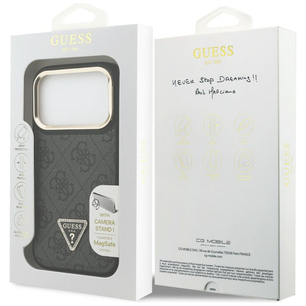 Etui MagSafe dla Apple iPhone 17 Pro, Guess, 4G Triangle Logo with Stand Camera, Czarne Złote