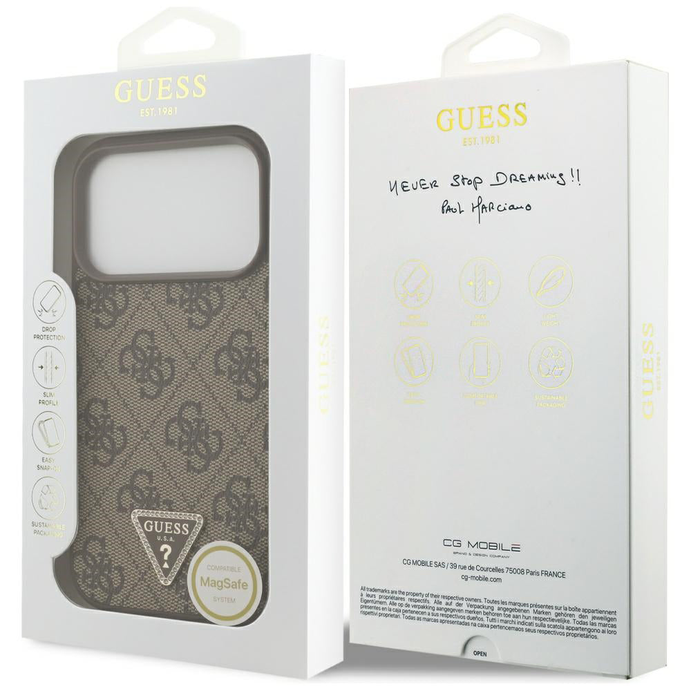 Etui MagSafe dla Apple iPhone 17 Pro, Guess, 4G Triangle Strass, Brązowy