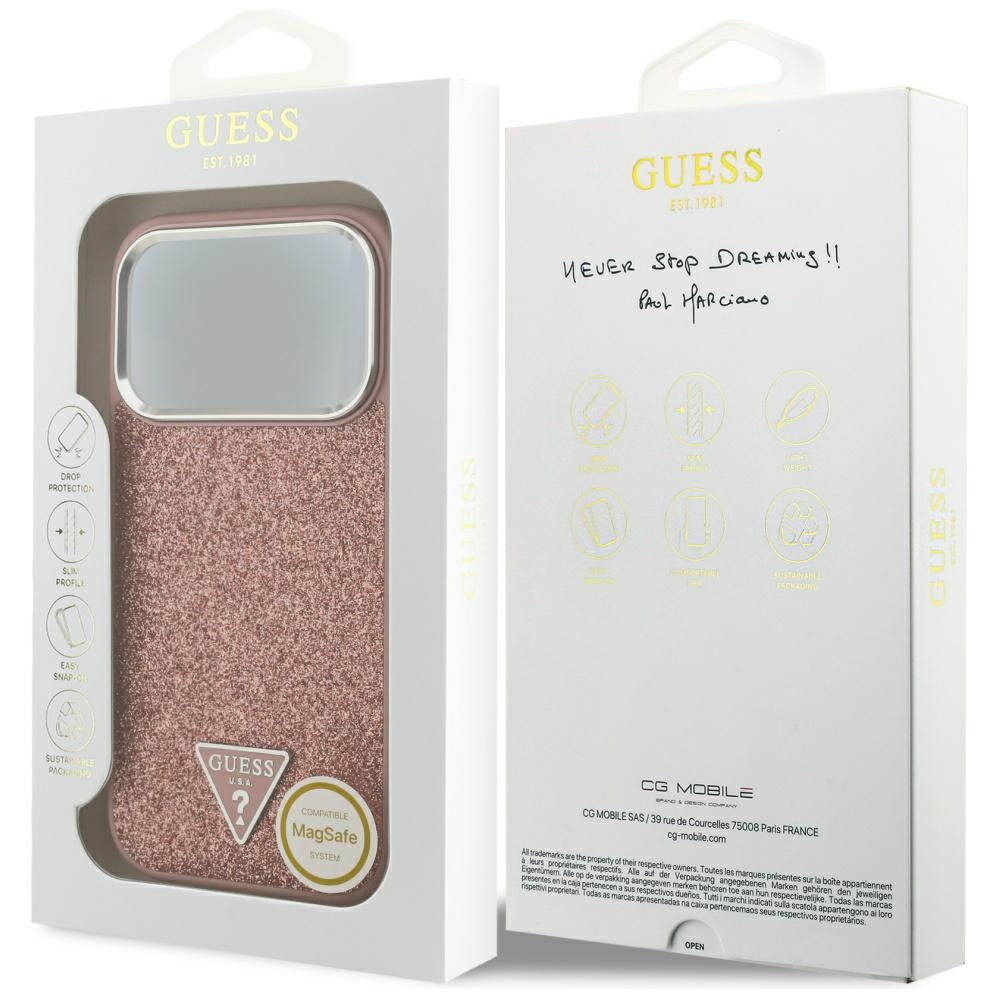 Etui MagSafe dla Apple iPhone 17 Pro, Guess, Glitter Triangle Logo, Różowy