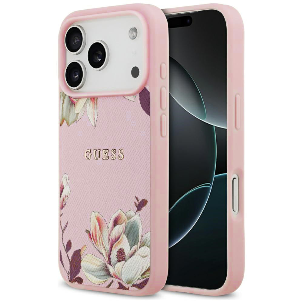 Etui MagSafe dla Apple iPhone 17 Pro, Guess, Grained Flowers, Różowy