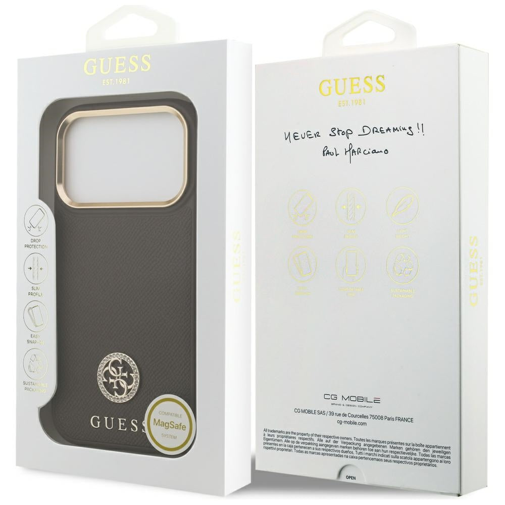 Etui MagSafe dla Apple iPhone 17 Pro, Guess, Grained Strass Logo, Brązowy