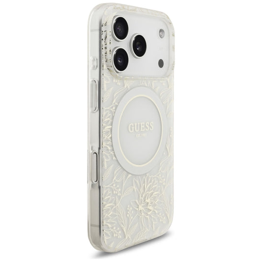 Etui MagSafe dla Apple iPhone 17 Pro, Guess, IML Flowers Allover Electroplated with Pearl Strap, Białe