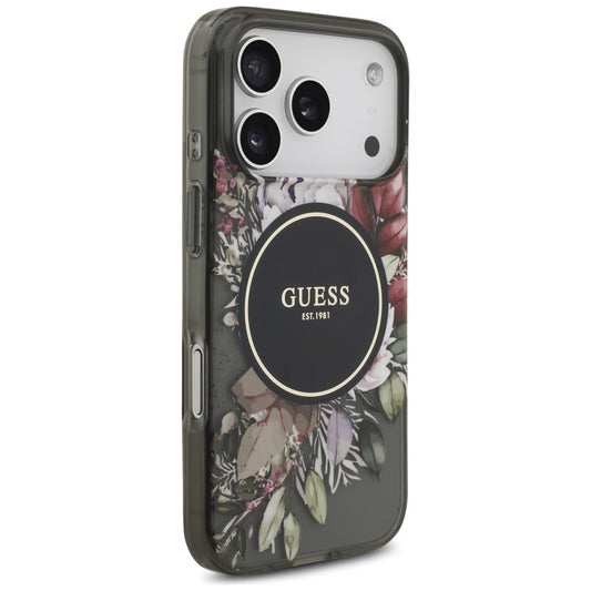 Etui MagSafe dla Apple iPhone 17 Pro, Guess, IML Flowers with Pearl Strap, Czarne