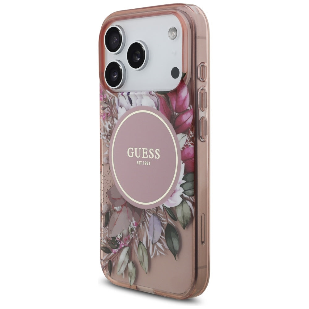 Etui MagSafe dla Apple iPhone 17 Pro, Guess, IML Flowers with Pearl Strap, Różowy