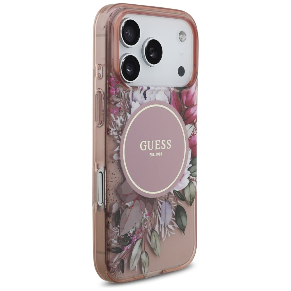 Etui MagSafe dla Apple iPhone 17 Pro, Guess, IML Flowers with Pearl Strap, Różowy
