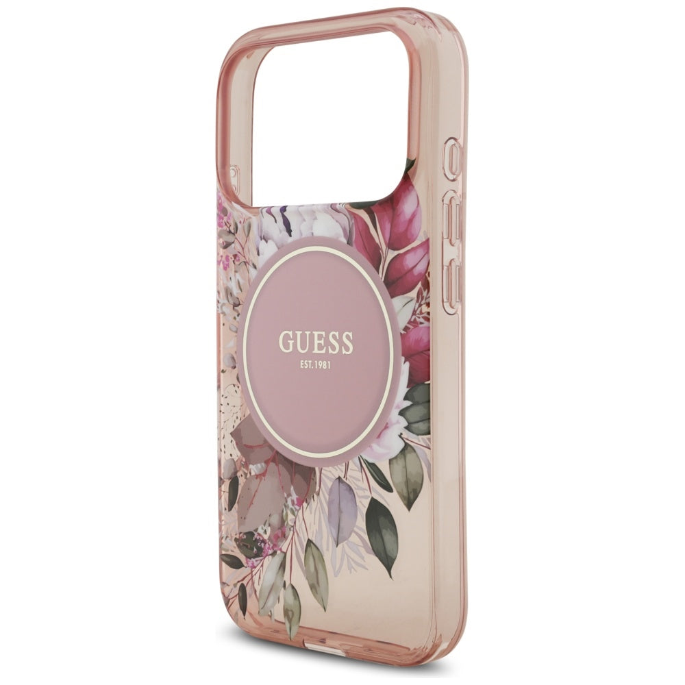 Etui MagSafe dla Apple iPhone 17 Pro, Guess, IML Flowers with Pearl Strap, Różowy
