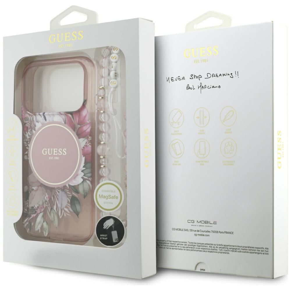 Etui MagSafe dla Apple iPhone 17 Pro, Guess, IML Flowers with Pearl Strap, Różowy