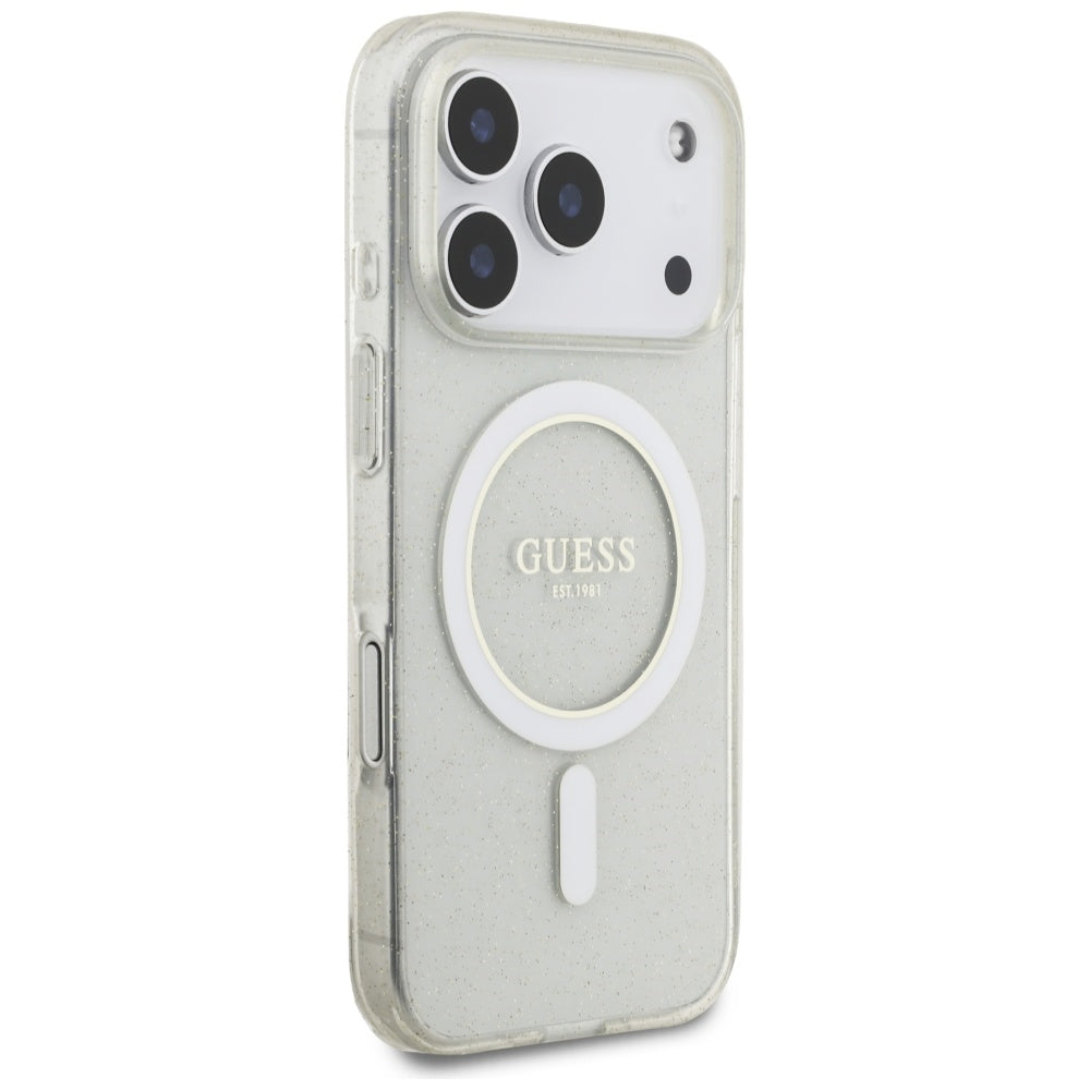 Etui MagSafe dla Apple iPhone 17 Pro, Guess, IML Glitter with Pearl Strap, Przezroczyste
