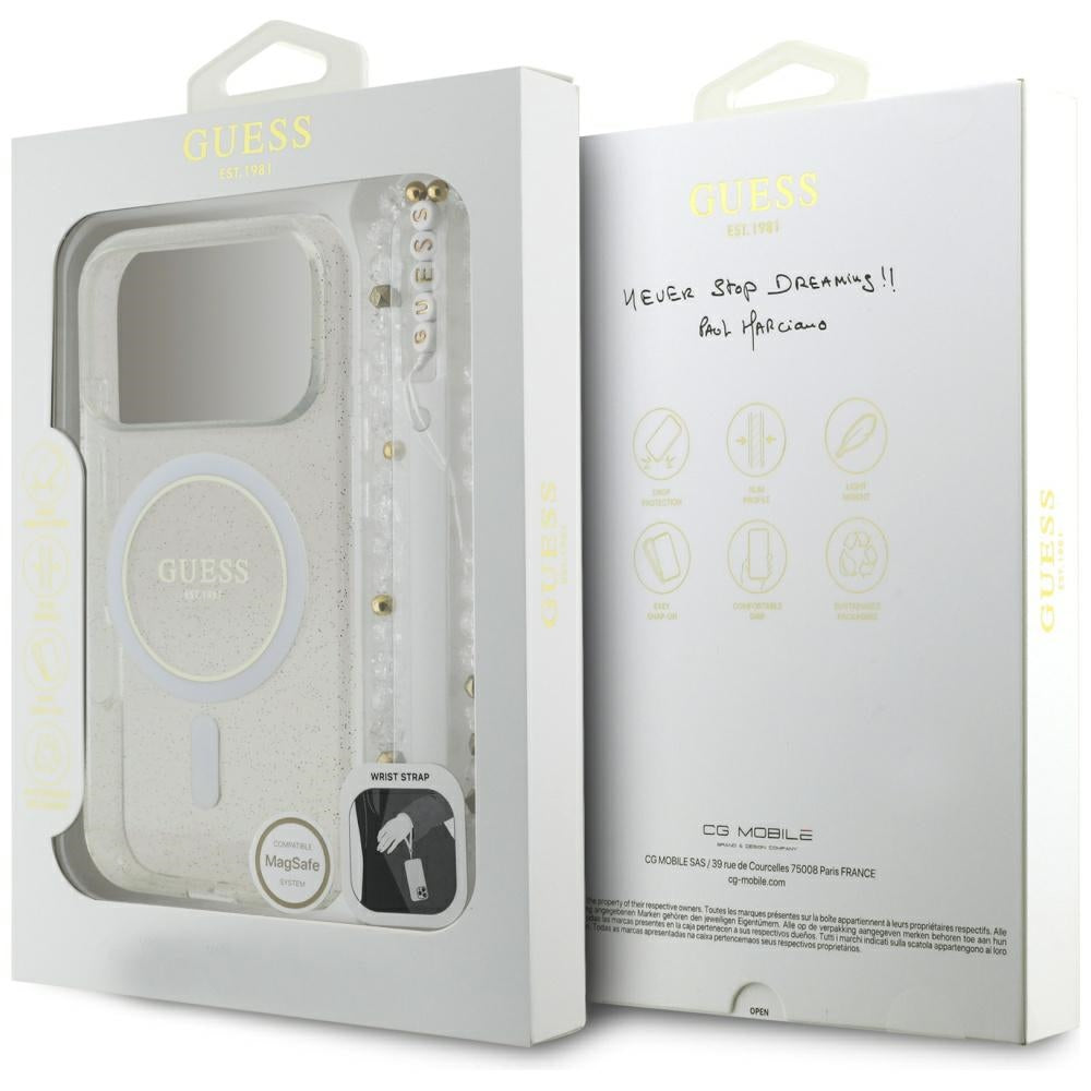 Etui MagSafe dla Apple iPhone 17 Pro, Guess, IML Glitter with Pearl Strap, Przezroczyste