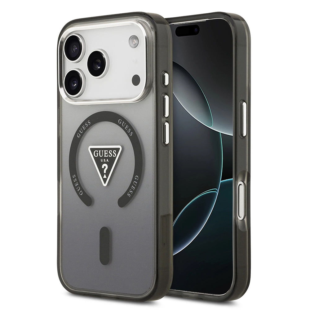 Etui MagSafe dla Apple iPhone 17 Pro, Guess, IML Gradient Triangle Logo, Czarne Srebrne