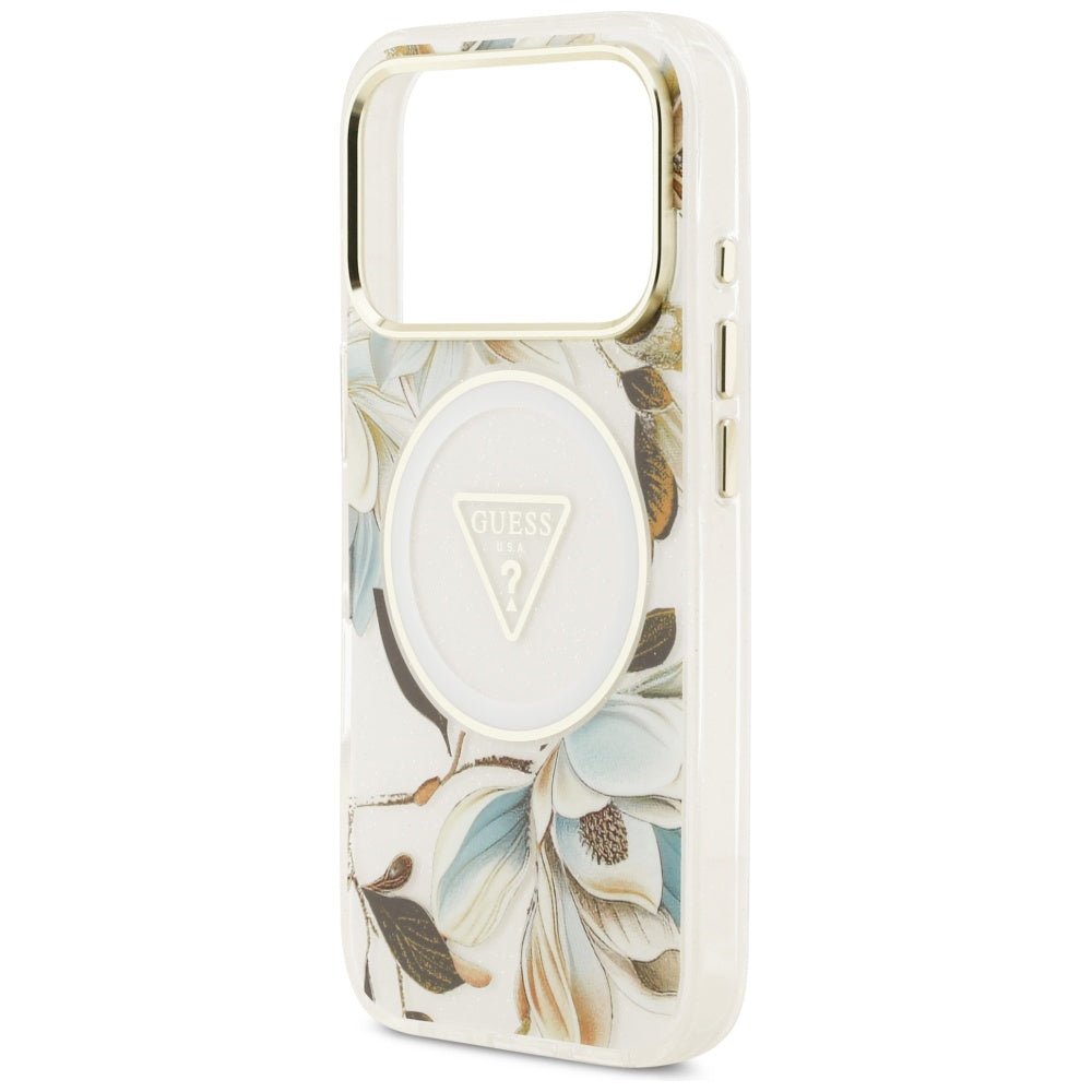 Etui MagSafe dla Apple iPhone 17 Pro, Guess, IML Metal Glitter Flowers Triangle, Białe