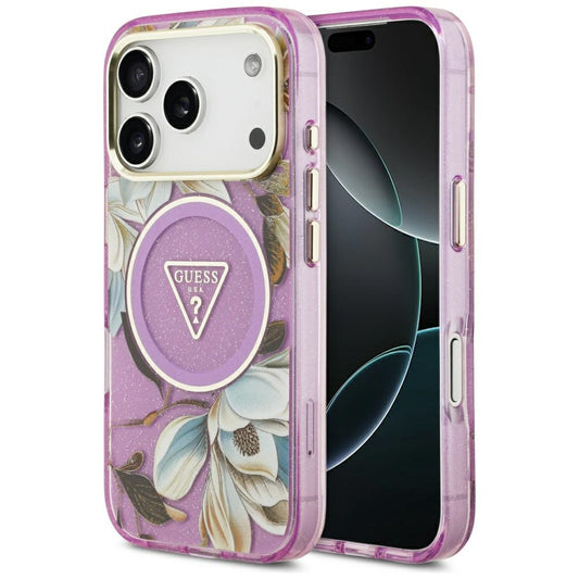 Etui MagSafe dla Apple iPhone 17 Pro, Guess, IML Metal Glitter Flowers Triangle, Fioletowy