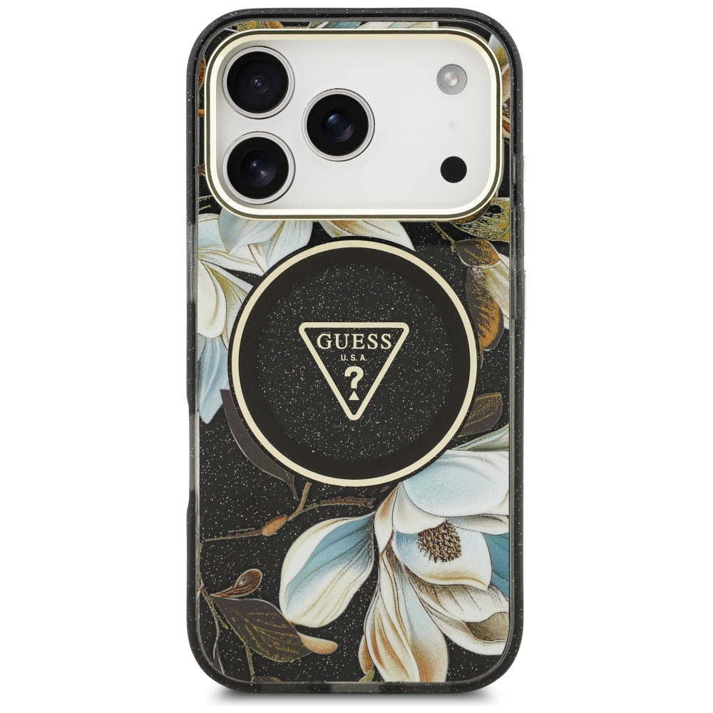 Etui MagSafe dla Apple iPhone 17 Pro, Guess, IML Metal Glitter Flowers Triangle, Czarne