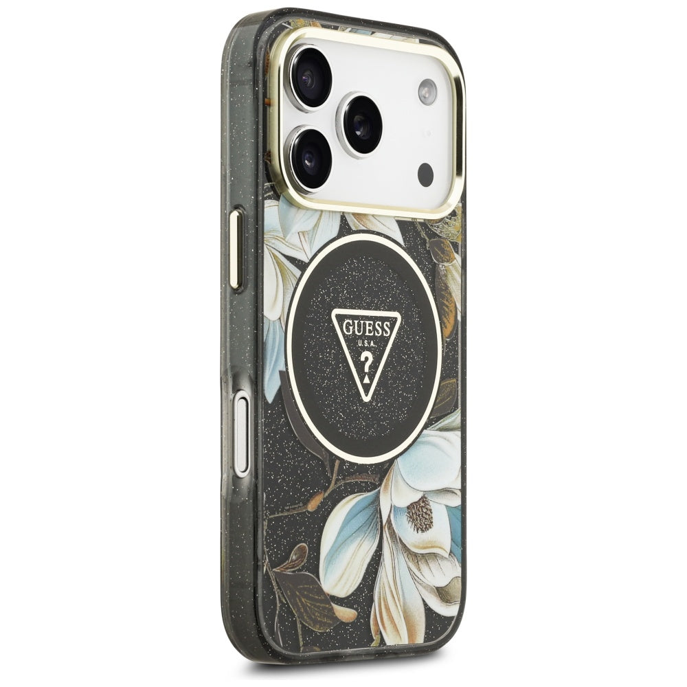 Etui MagSafe dla Apple iPhone 17 Pro, Guess, IML Metal Glitter Flowers Triangle, Czarne