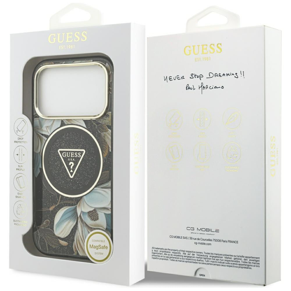 Etui MagSafe dla Apple iPhone 17 Pro, Guess, IML Metal Glitter Flowers Triangle, Czarne
