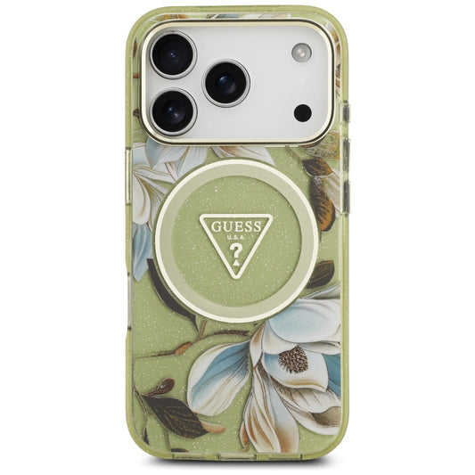 Etui MagSafe dla Apple iPhone 17 Pro, Guess, IML Metal Glitter Flowers Triangle, Zielony