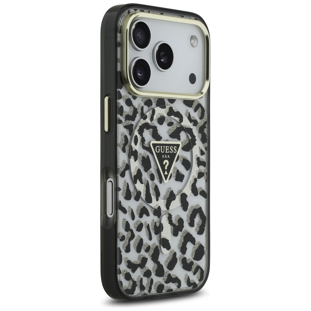 Etui MagSafe dla Apple iPhone 17 Pro, Guess, Leopard Glitter, Czarne