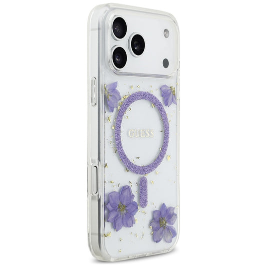 Etui MagSafe dla Apple iPhone 17 Pro, Guess, Resin Flowers and Glitter, Fioletowy