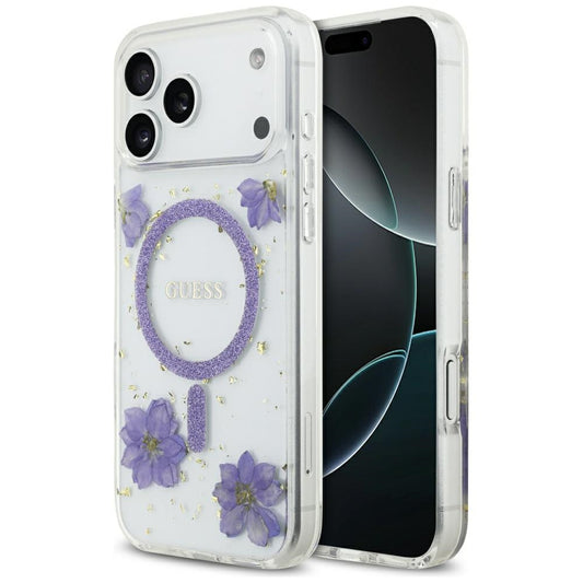 Etui MagSafe dla Apple iPhone 17 Pro, Guess, Resin Flowers and Glitter, Fioletowy