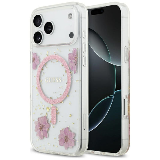 Etui MagSafe dla Apple iPhone 17 Pro, Guess, Resin Flowers and Glitter, Różowy
