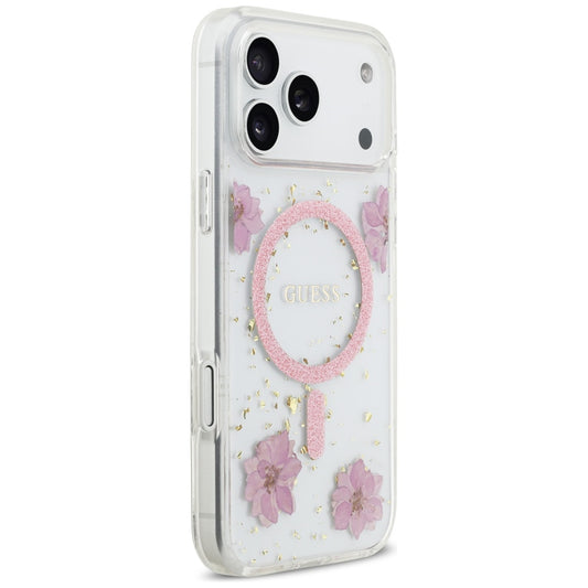 Etui MagSafe dla Apple iPhone 17 Pro, Guess, Resin Flowers and Glitter, Różowy