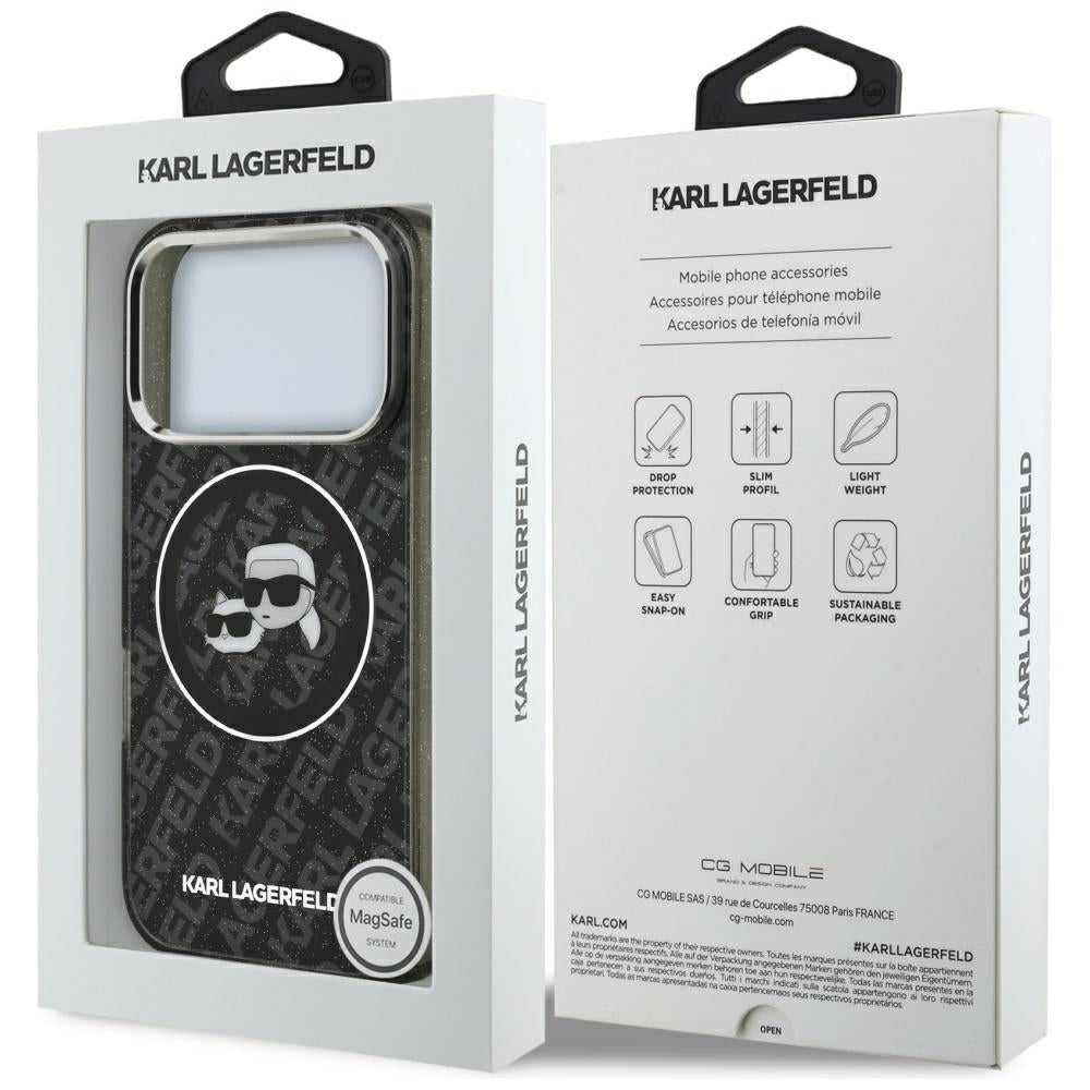 Etui MagSafe dla Apple iPhone 17 Pro, Karl Lagerfeld, Glitter Karl & Choupette Head, Czarne