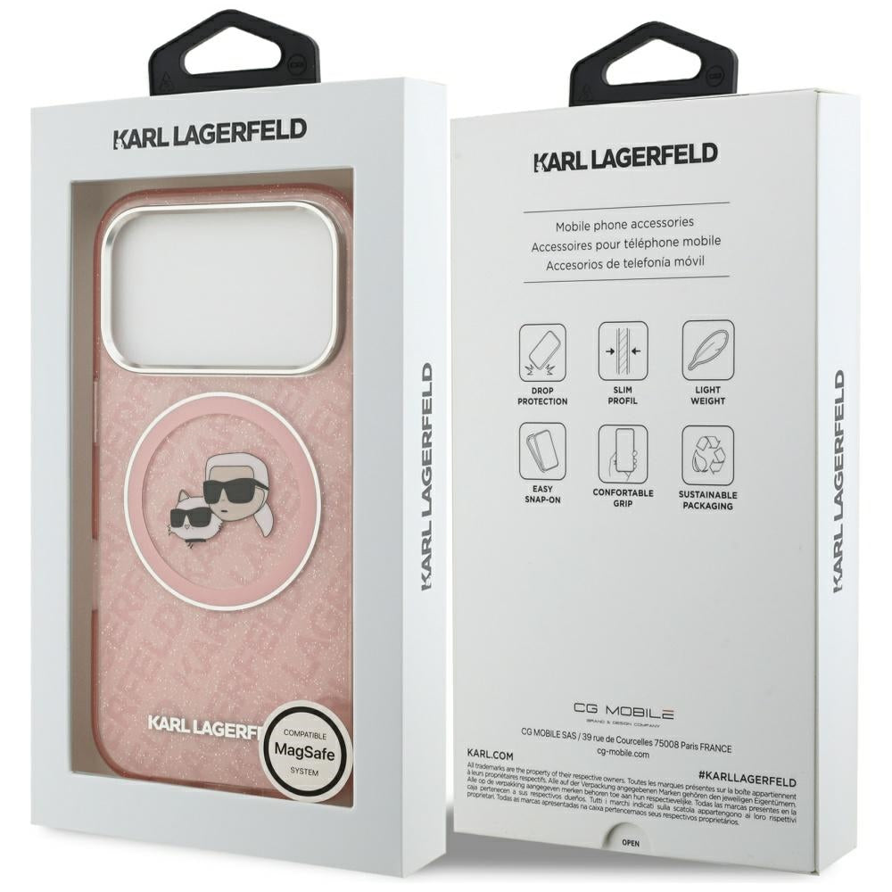 Etui MagSafe dla Apple iPhone 17 Pro, Karl Lagerfeld, IML Glitter Karl & Choupette`s Heads, Różowy