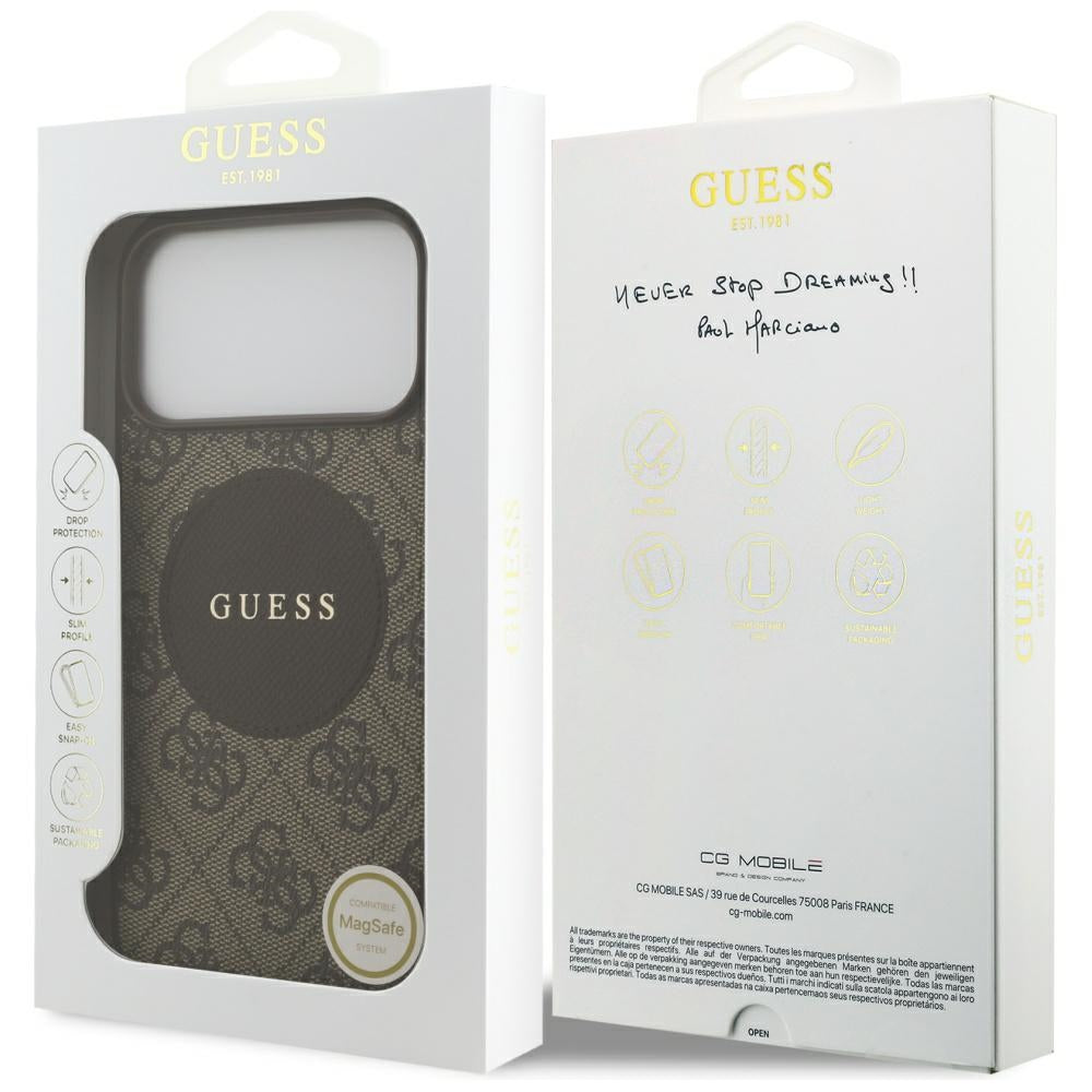 Etui MagSafe dla Apple iPhone 17 Pro Max, Guess, 4G Circle Classic Logo, Brązowy