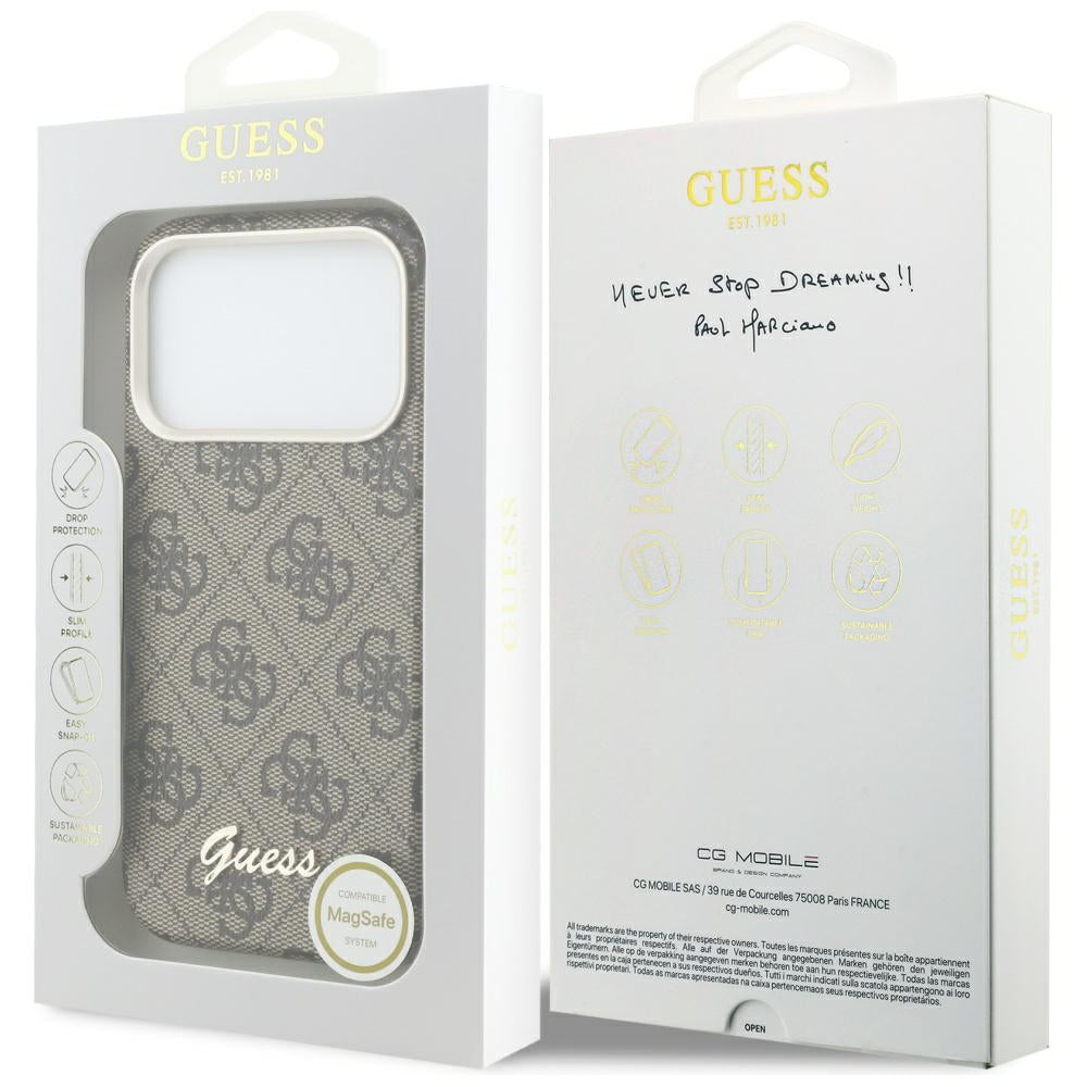 Etui MagSafe dla Apple iPhone 17 Pro Max, Guess, 4G Script Logo, Brązowy