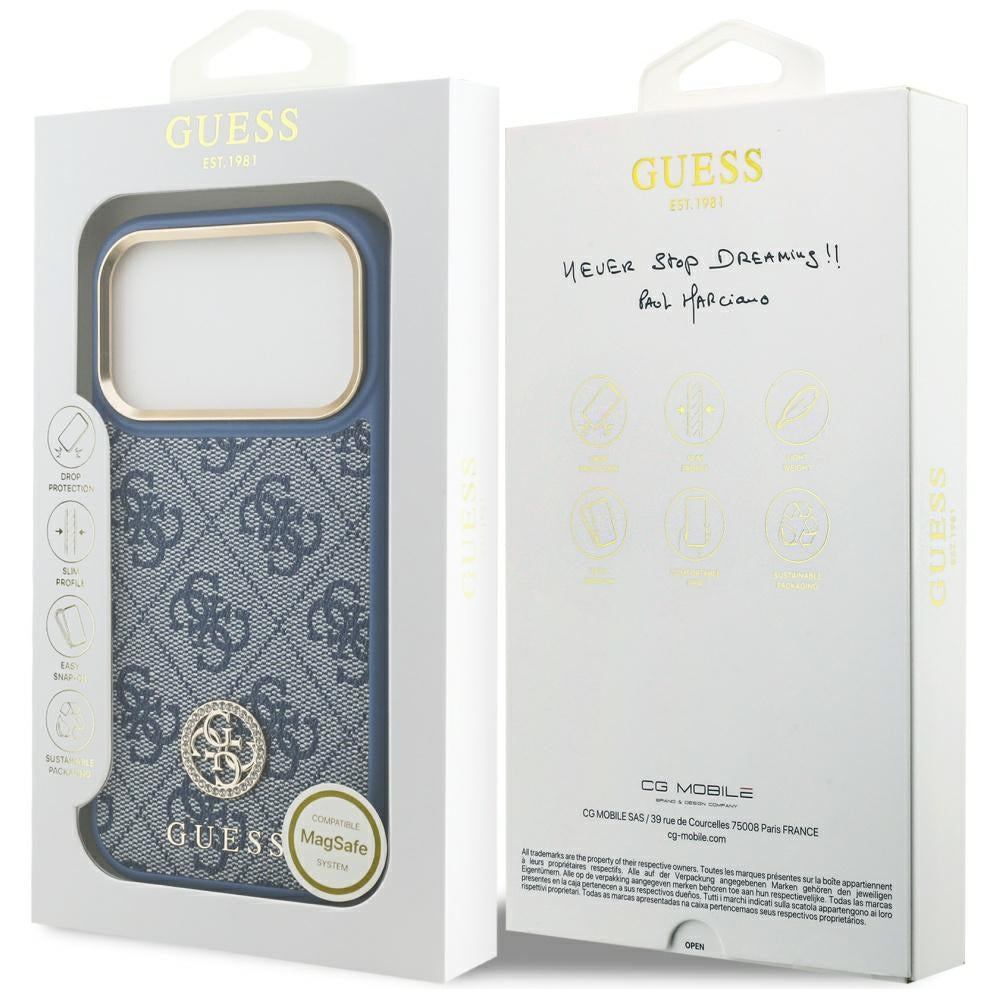 Etui MagSafe dla Apple iPhone 17 Pro Max, Guess, 4G Strass Logo, Niebieskie