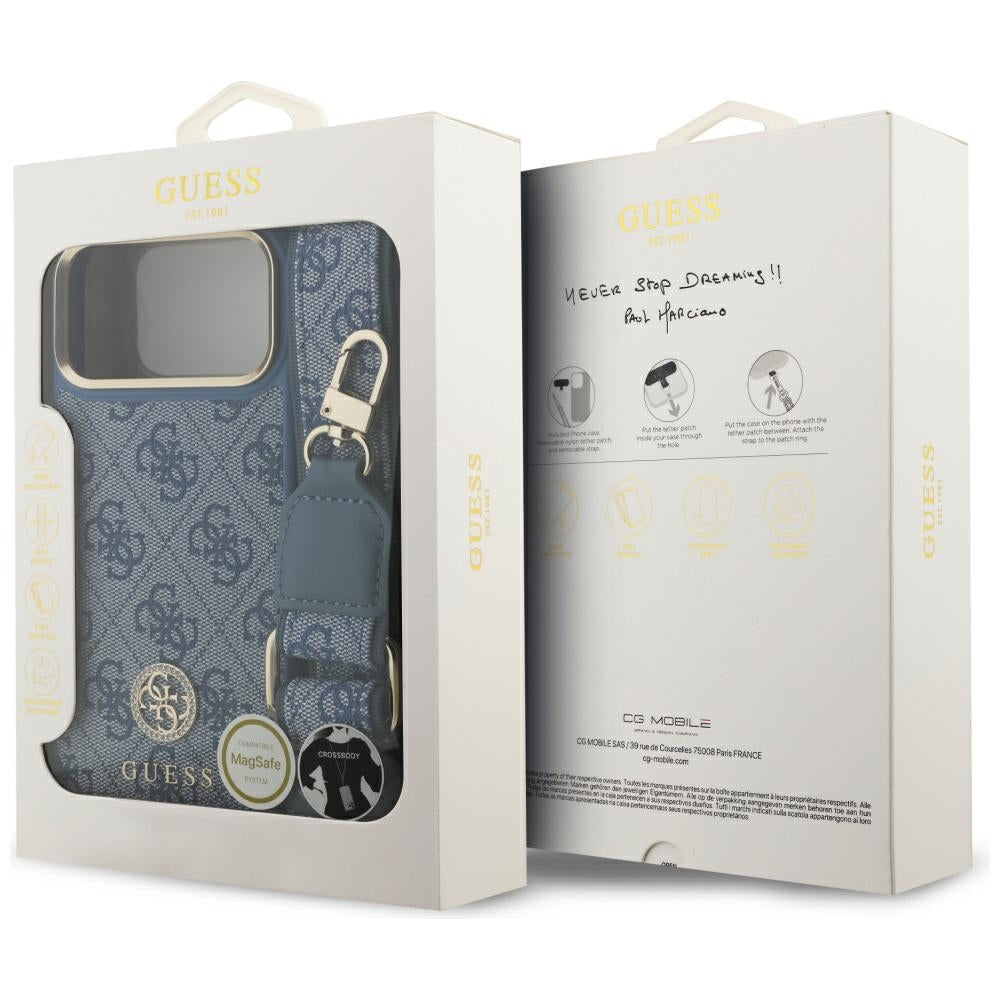 Etui MagSafe dla Apple iPhone 17 Pro Max, Guess, 4G Strass Logo with Big Strap, Niebieskie