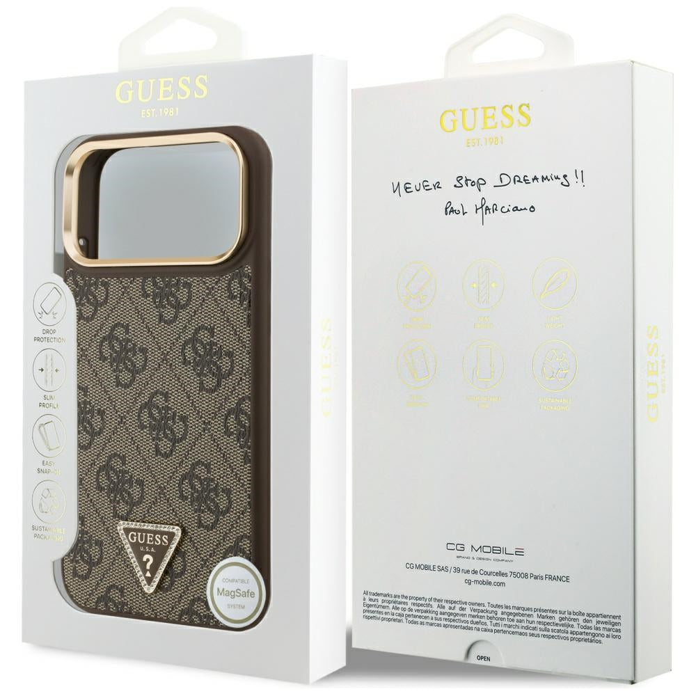 Etui MagSafe dla Apple iPhone 17 Pro Max, Guess, 4G Triangle Logo, Złoty Brąz