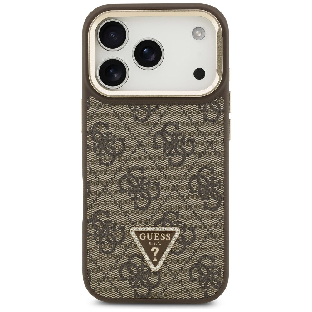 Etui MagSafe dla Apple iPhone 17 Pro Max, Guess, 4G Triangle Logo with Stand Camera, Złoty Brąz