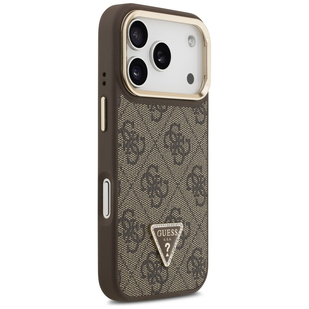 Etui MagSafe dla Apple iPhone 17 Pro Max, Guess, 4G Triangle Logo with Stand Camera, Złoty Brąz