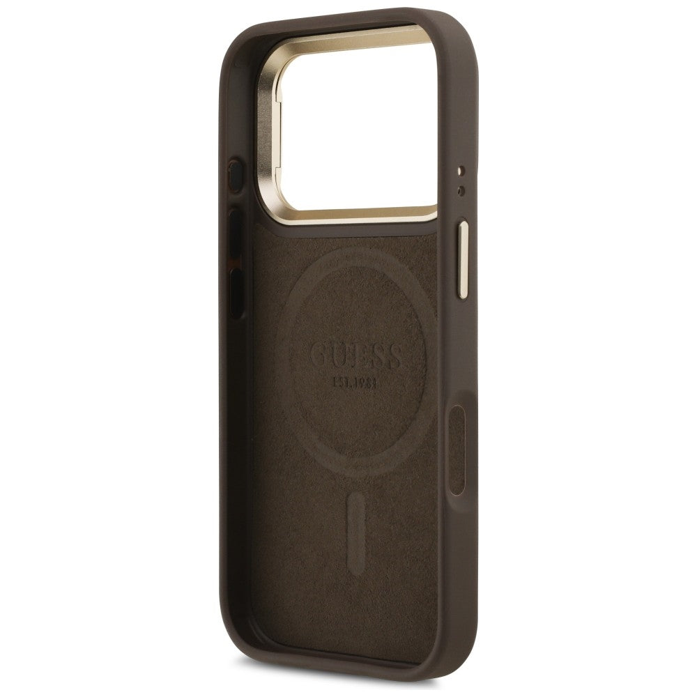 Etui MagSafe dla Apple iPhone 17 Pro Max, Guess, 4G Triangle Logo with Stand Camera, Złoty Brąz