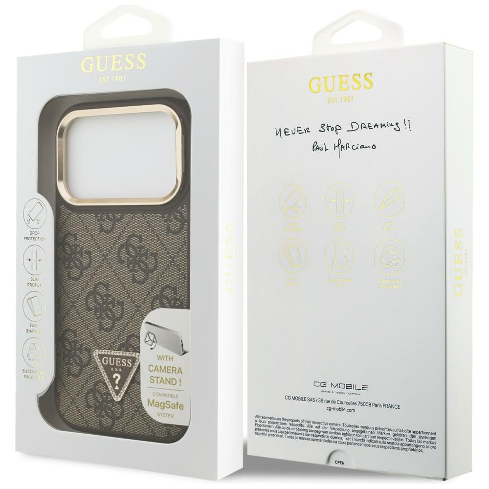 Etui MagSafe dla Apple iPhone 17 Pro Max, Guess, 4G Triangle Logo with Stand Camera, Złoty Brąz