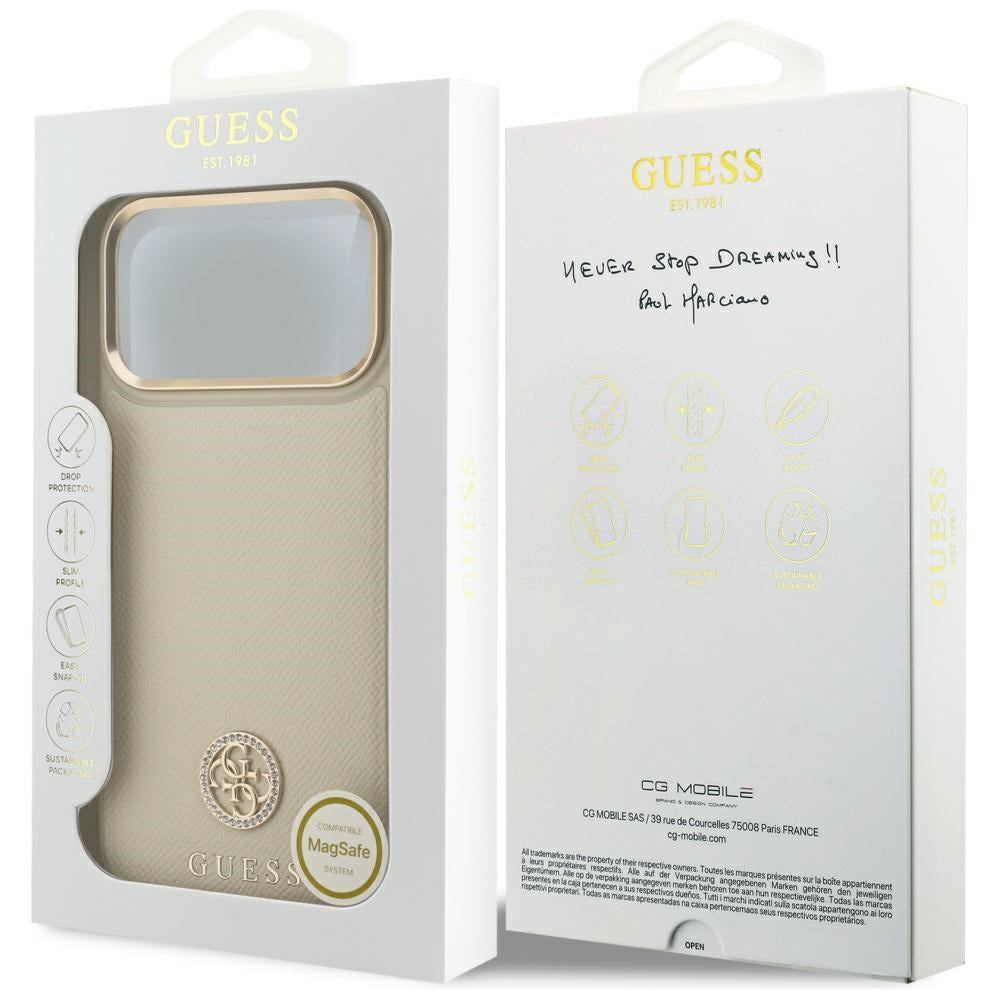 Etui MagSafe dla Apple iPhone 17 Pro Max, Guess, Grained Strass Logo, Beżowy