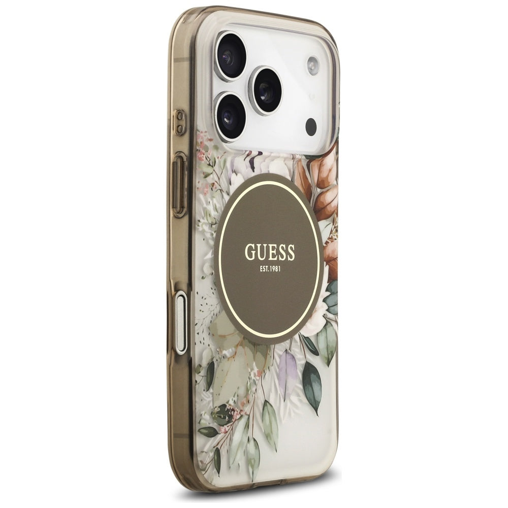 Etui MagSafe dla Apple iPhone 17 Pro Max, Guess, IML Flower & Tonal Circle, Brązowy