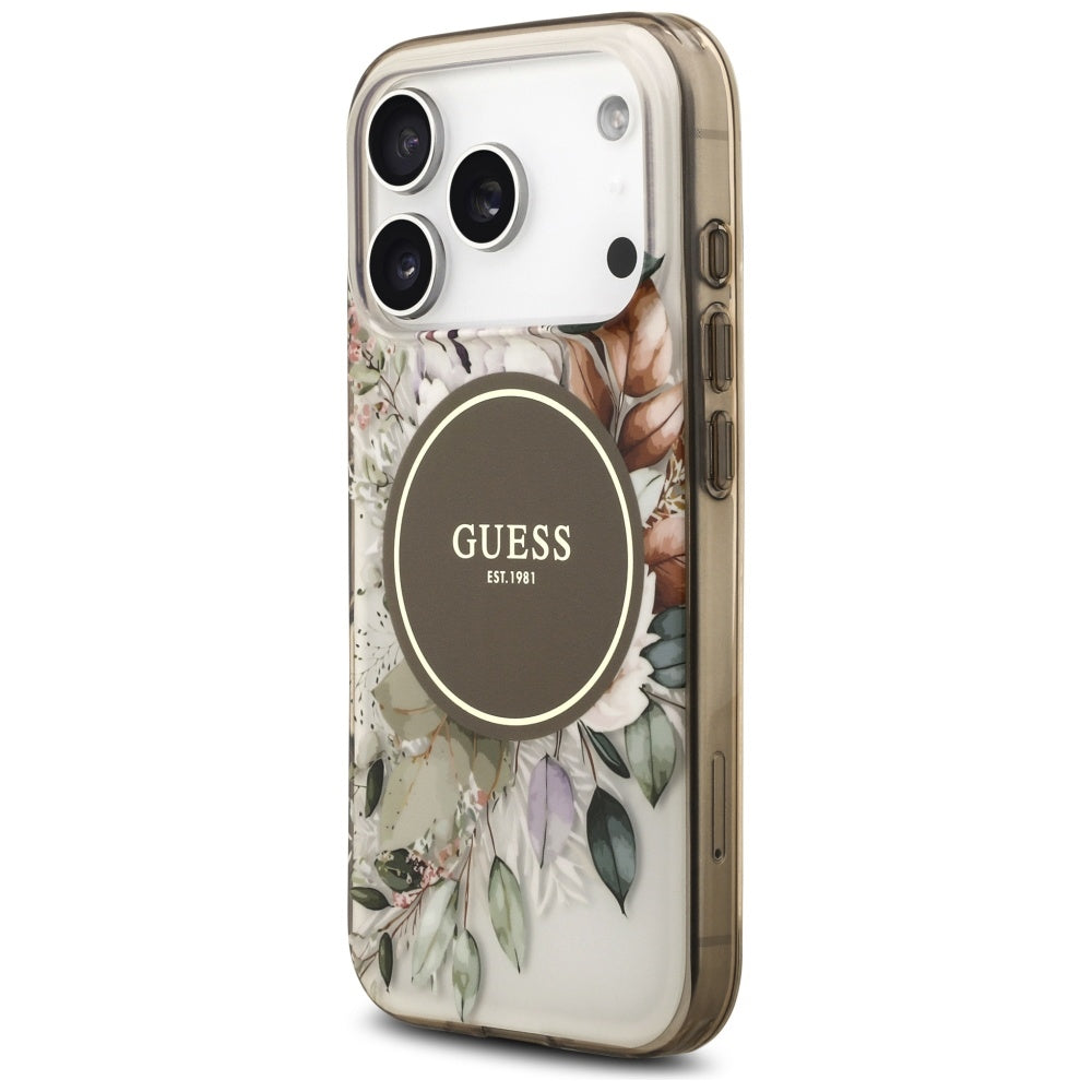 Etui MagSafe dla Apple iPhone 17 Pro Max, Guess, IML Flower & Tonal Circle, Brązowy